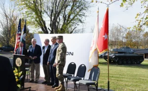 Repkon USA President Bryan Van Brunt, Senate Republican Leader Mitch McConnell, Congressman Brett Guthrie, Judge Executive Mack McGehee, and Major General John T. Reim spoke at the contract award announcement in for a TNT facility to be constructed in Kentucky.