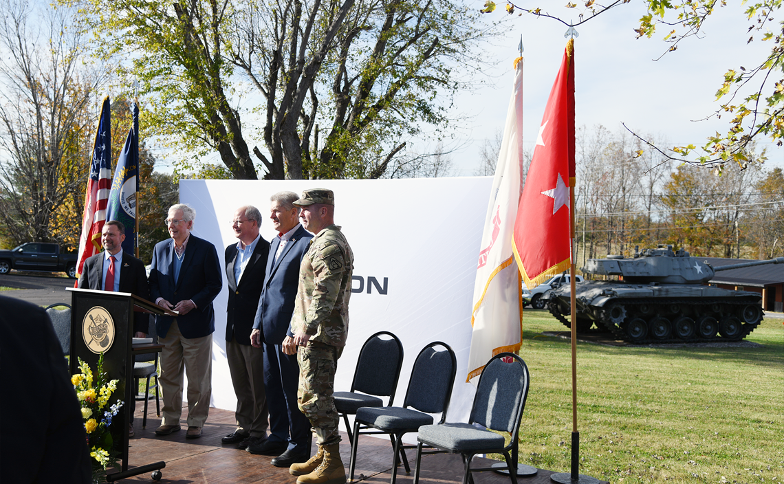 Repkon USA President Bryan Van Brunt, Senate Republican Leader Mitch McConnell, Congressman Brett Guthrie, Judge Executive Mack McGehee, and Major General John T. Reim spoke at the contract award announcement in for a TNT facility to be constructed in Kentucky.